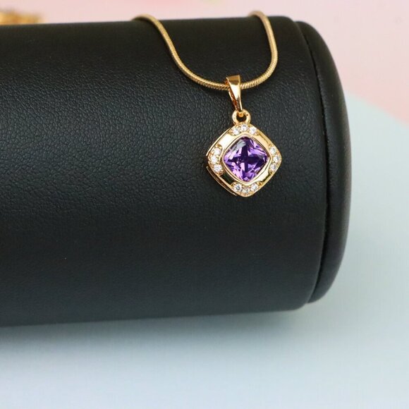 "Purple Cushion Stone Pendant in Gold Plated Brass with Crystal Halo, XPPT1770 - Picture 4 of 13